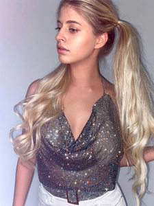 Sparkly rhinestone cowl neck camisole with metal chain straps for party and clubwear