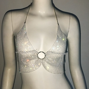 Detail of heavy-duty rhinestone fishnet halter top with metallic chain and ring connector