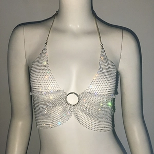 Sparkling silver rhinestone bralette with halter neck chain and central ring detail