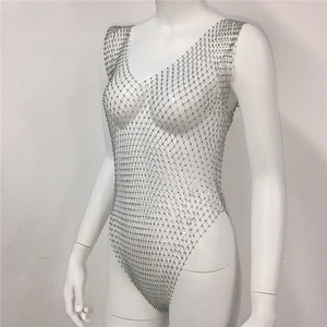 Close-up of sparkling rhinestone fishnet bodysuit with V-neck and metallic mesh detail
