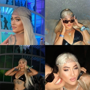 Close-up of sparkling rhinestone elastic fishnet headpiece for parties and festivals