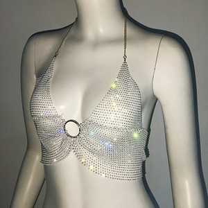Detailed view of silver rhinestone halter neck top with sparkling crystal mesh