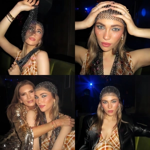 Detailed view of elastic black fishnet headpiece with sparkling rhinestones for party