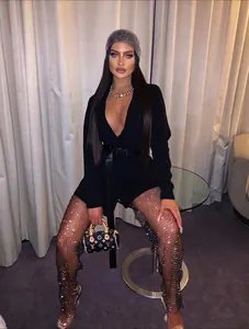 Chic women's sheer mesh trousers with silver rhinestones and high-waist elastic fit