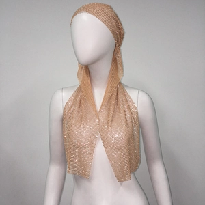 Detailed close-up of champagne gold rhinestone mesh headscarf for party accessories