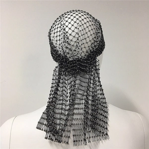 Detailed view of black rhinestone mesh headscarf with shimmering crystal accents