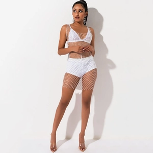 Ensemble robe résille blanche avec strass, haut transparent et sous-vêtements assortis