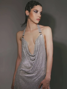 Sexy silver chainmail sequin halter dress with deep V-neck and open back for parties