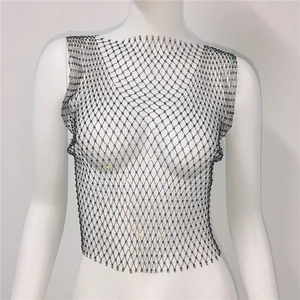 Detail of black mesh tank top with colorful rhinestones on a white mannequin