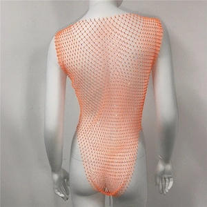 Detail of bright orange rhinestone mesh swimsuit cover-up on mannequin back view