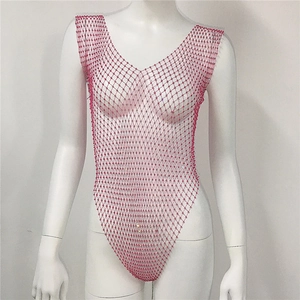 Detailed close-up of pink beaded rhinestone mesh texture on the sleeveless party bodysuit