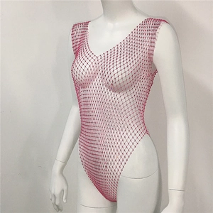 Detailed view of pink beaded mesh bodysuit with high-cut design and fine craftsmanship