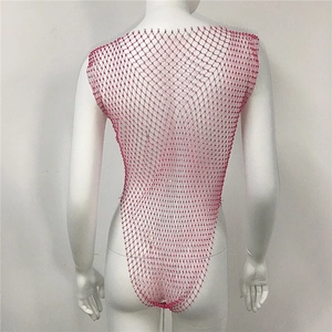 Detailed back view of a red rhinestone mesh bodysuit with intricate beaded net pattern