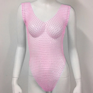 Detailed view of pink mesh bodysuit with rhinestones on a white mannequin
