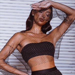 Sexy black mesh cropped top with sparkling rhinestones and long sleeves for women