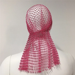 Detail of rose red elastic fishnet headwrap with sparkling rhinestones and long tail