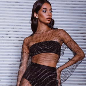 Women's sexy black rhinestone mesh long sleeve crop top and matching set for parties