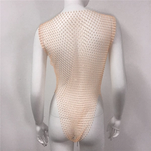Detail of pink mesh swimsuit with sparkling rhinestones on broad shoulder straps and back