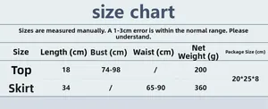 Detailed size guide for rhinestone mini skirt set with top and bottom measurements