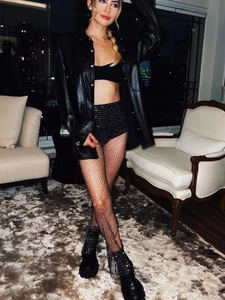 Ensemble legging résille sexy à strass pour femme avec chemise en similicuir