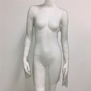 Close-up of sparkling rhinestone mesh fabric on long sleeve sexy party bodycon dress