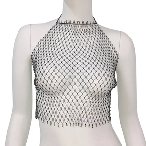 Sexy black mesh halter neck crop top for women with colorful sparkling rhinestones