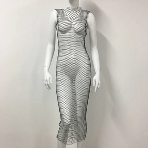 Close-up detail of sexy fishnet dress with sparkling rhinestones and sleeveless design