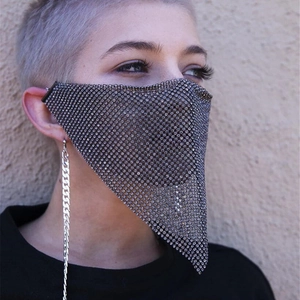 Detail of grey rhinestone mesh mask with hanging ear loops and side metal chain