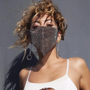 Sparkling silver mesh rhinestone face mask with hanging round pendant chain earrings