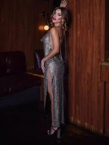 Sexy silver sequin halter neck evening dress with high side slit for parties