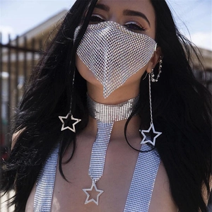 Close-up of sparkling rhinestone mask set with star pendant necklace and fringe earrings