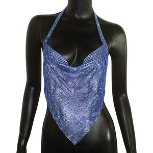Detail of blue rhinestone halter top with cowl neck and irregular handkerchief hem