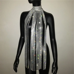 Sparkling silver rhinestone fringe body chain top for sexy party and evening wear
