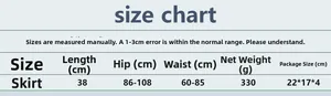 Size chart for rhinestone mesh skirt showing waist, hip, and length measurements in cm