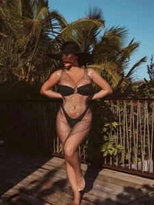 Ensemble bikini noir pour femmes avec robe longue en résille à strass argentés