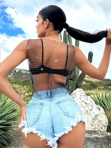 Sparkly rhinestone mesh top for women, sexy see-through fisnet vest for party wear