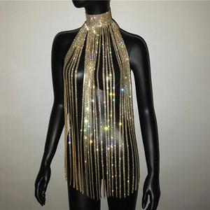 Luxurious gold rhinestone tassel body chain halter top for sexy party wear fashion