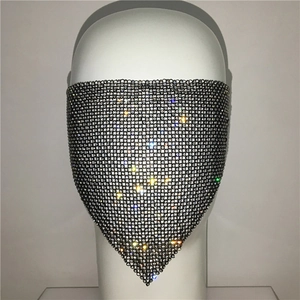 Detailed view of rhinestone mesh mask with silver crystals on black metal net