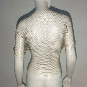 Detailed back view of sparkling silver rhinestone mesh crop top with fishnet texture
