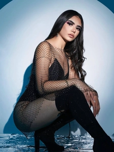 Robe résille noire sexy avec strass scintillants et manches longues pour mode féminine