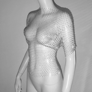Detailed macro view of sparkling rhinestones on mesh fishnet short sleeve crop top
