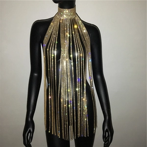 Sexy gold rhinestone tassel halter top with sparkling crystal chains for party wear