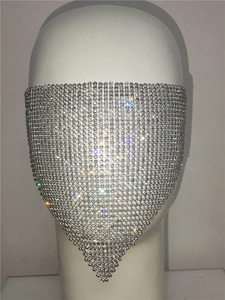 Detailed view of silver mesh rhinestone mask with V-shaped design and sparkling crystals