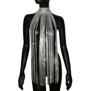 Sparkling rhinestone tassel body chain halter top for party and clubwear fashion
