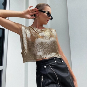 Golden chainmail halter top vest with metallic sequins for music festivals and parties