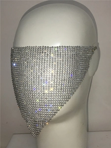 Close-up of sparkling silver rhinestone mesh face veil in a triangular drop design