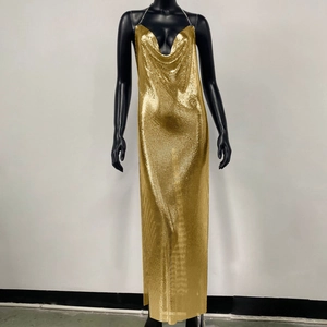 Detailed view of the gold metallic sequin mesh fabric and halter neck chain design