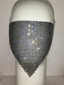 Detail of sparkling full rhinestone mesh face mask with triangle-shaped black grid structure