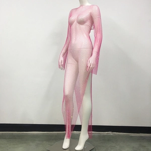 Detail view of pink rhinestone fishnet dress with mesh texture and high side slit