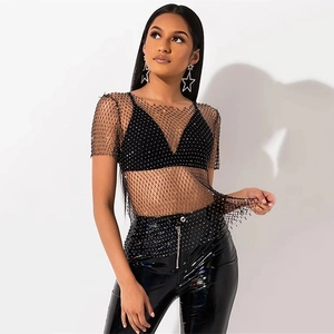 Haut sexy en résille noire avec strass et manches courtes pour fêtes et festivals de musique